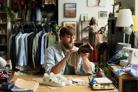 Bearded male owner of modern thrift shop wiping brown secondhand boots with duster while upcycling...