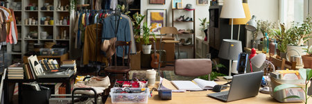 Banner of interior of thrift shop with workplace of clerk surrounded by variety of goods such as secondhand attire and footwearの写真素材