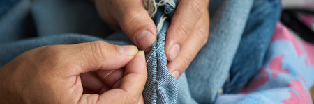 Header of hands of young male worker of thrift shop sticking needle through two pieces of secondhand denim jacketの写真素材