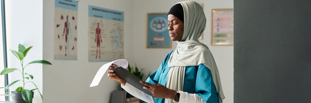 Muslim woman wearing traditional hijab studying medical notes in a brightly lit room. Surrounded by...