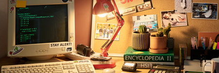 Desk with retro computer and various decor items including plant pots, table lamp, and framed photos...