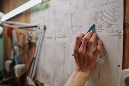 Hand of young unrecognizable male engineer with pen pointing at number in table while checking...