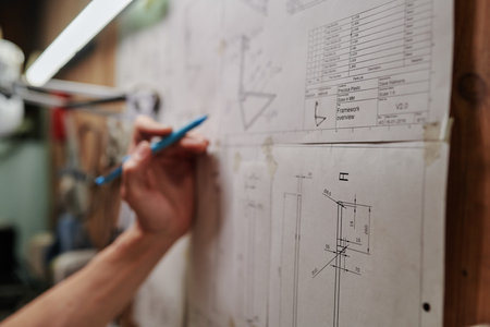 Focus on part of technical drawings with sketches and tables of dimensions of metalworking machines details in workshopの写真素材