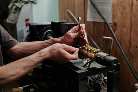 Hands of unrecognizable professional repairman fixing small details of industrial machine standing...
