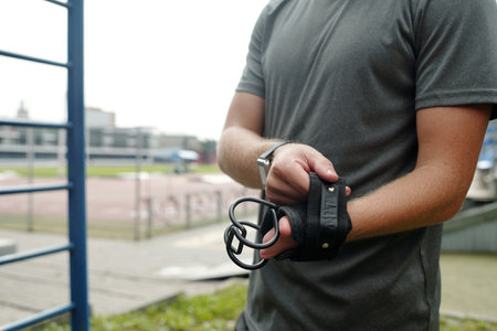 Individual gripping metal rings near an outdoor track focused on strength and control visible in the...