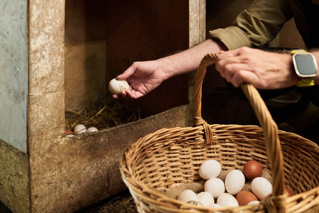 Hands of senior farmer and owner of livestock farm taking fresh eggs of free range chickens while collecting them in basketの写真素材