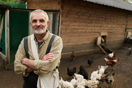 Senior male farmer in workwear looking at camera against long wooden coop and group of chickens pecking oat from mangerの写真素材