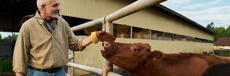 Banner of brown purebred dairy cow mooing while standing in cattle pen in front of senior farmer touching nose of animalの写真素材