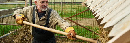 Banner of senior male farmer in workwear putting hay with pitchfork into wooden feeder for herd of goats or other cattleの写真素材