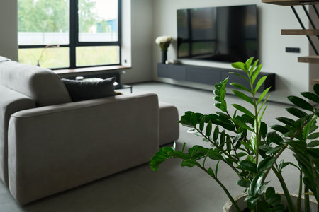 Contemporary living room setting showing a large window, television mounted on wall, and comfortable couch. Decorated with potted plants and soft furnishings creating a cozy atmosphereの写真素材