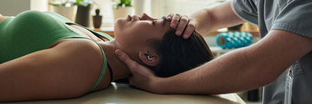 Woman receiving relaxing massage therapy session involving gentle head and neck manipulation by a therapist. Calming indoor environment with soft lighting enhancing relaxationの写真素材