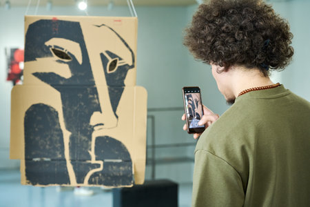 Back view of young man in t-shirt taking picture on smartphone of creative installation made up of cardboard boxの写真素材