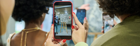 Header of hands of young female visitor of art exhibition or auction holding smartphone while taking photo of abstract paintingの写真素材