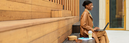 Woman working on laptop while sitting on wooden stairs outside. She is surrounded by personal items,...