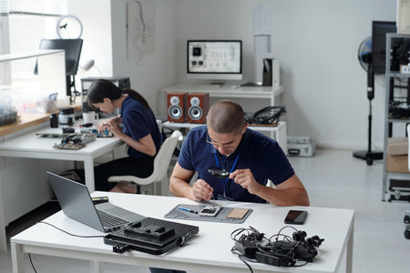 Two technicians focusing on electronics repair in a well-organized workshop. Various tools, computer...