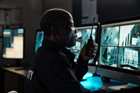 Side view of mature African American male guard with walkie-talkie in hand sitting in front of...