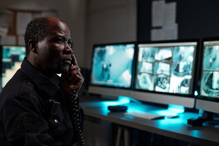 Serious mature security guard with phone receiver by ear sitting by workplace in front of cctv video on computer screensの写真素材