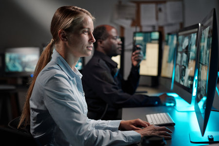 Young serious woman in uniform of security officer clicking mouse and looking at desktop computer screen with cctv videoの写真素材