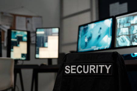Black uniform with word security hanging on empty chair standing by workplace of officer with several computer monitorsの写真素材