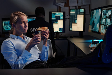 Young security guard with cup of coffee and sandwich sitting in front of computer monitor with cctv...