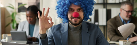 Header of young smiling male white collar worker in formalwear, clown wig and nose looking at camera and showing okay gestureの写真素材