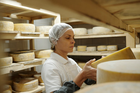 Worker inspecting cheese wheels in storage room under controlled conditions, ensuring optimal...