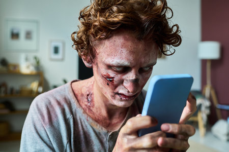 Closeup of young male Caucasian zombie checking notifications or reading messages on his smartphoneの写真素材