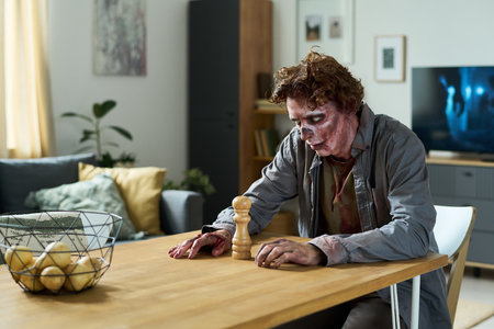 Medium shot of young male zombie wearing dirty casual clothes sitting at table in living room, staring at pearsの写真素材