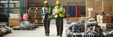 Header of young and mature male workers of warehouse discussing quality of new equipment while...