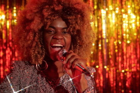 Singing Woman Holding Microphone with Sparkling Background