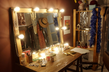 Beautifully Decorated Vanity Area With Illuminated Mirrorの写真素材