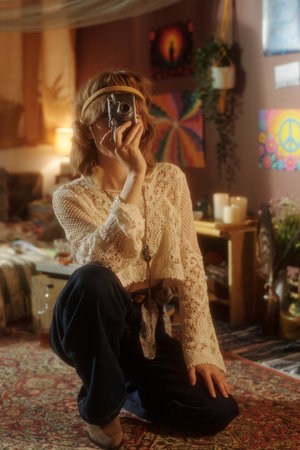 Capturing Memories with Vintage Camera in Cozy Room