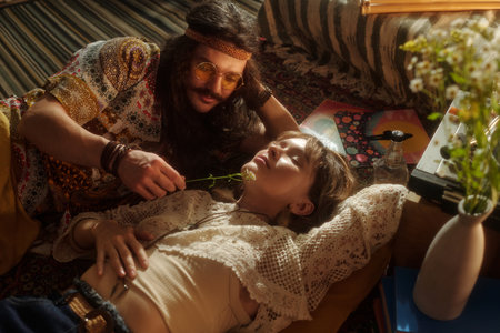 Man Providing Comfort to Woman Using Flower Therapyの写真素材