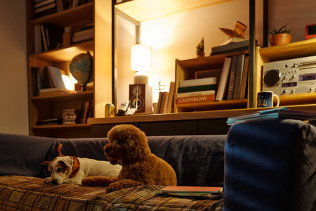 Cozy living room with warm lighting featuring two dogs relaxing on a sofa. Bookshelves in background filled with books and decorative items creating a homey atmosphereの写真素材