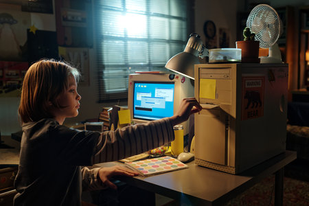 Child engaged in activity at vintage computer in retro-style room, surrounded by colorful...