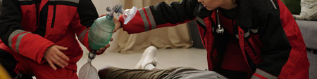 Emergency medical professionals assisting unconscious person lying on floor, using medical equipment...