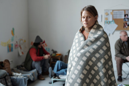Young woman wrapped in plaid or blanket looking at camera while standing in refugee camp for migrantsの写真素材