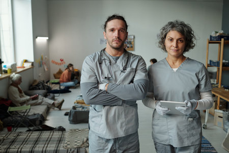 Two confident clinicians or volunteers in medical scrubs looking at camera while standing in spacious room for refugeesの写真素材