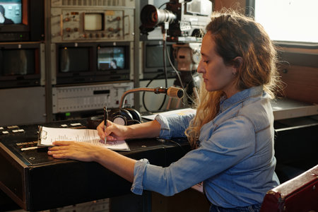 Side view of young blond woman taking notes in working paper document while sitting by sound mixing console with microphoneの写真素材