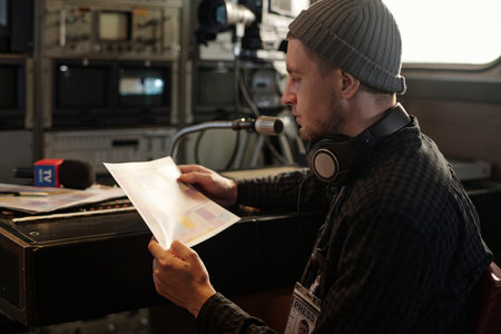Serious male operator studying information on working paper document while sitting by sound mixing console in TV vanの写真素材
