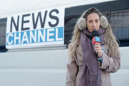 Young woman in beige cashmere coat and furry earmuffs speaking in microphone during latest news reportageの写真素材