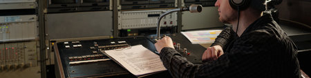 Header of young man in headphones sitting by workplace with microphone and consoles and moving knobsの写真素材