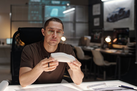 Young serious development engineer sitting by workplace in car design bureau and examining new...