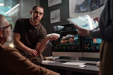 Young serious male designer with car model in hand looking at businesswoman with tablet during...