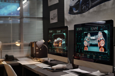 Focus on one of two computers with automobile models on screens standing in office or coworking space of car designersの写真素材