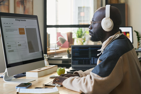 Side view of young African American male designer in headphones looking at computer screen with visual language model in officeの写真素材