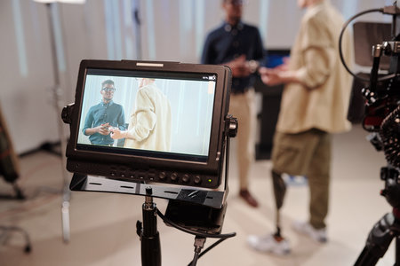 Cameraman and businessman on display of camera during discussion
