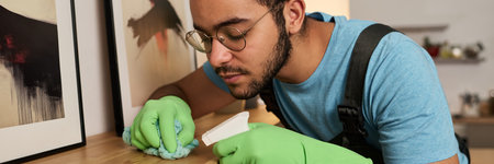 Cleaning Worker Wiping Dust From Shelfの写真素材