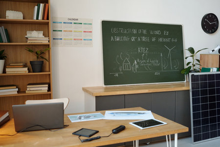 Modern Classroom with Solar Panel and Study Materials