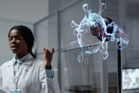Scientist in laboratory analyzing a medical hologram display of virus model, engaging in discussion and research. Holographic technology showcasing virus structure in detailの写真素材